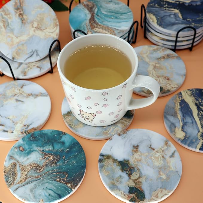 White Marble Ceramic Coasters with Holder Absorbent Drink Coaster Set Outdoor Round Abstract Cute Table Decorative Coffee Cup Beverage Fun Wine Beer Bar Gold Housewarming 6 Pack