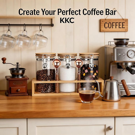 KKC Glass Coffee Jar Set of 3 with Bamboo Lids & Spoons | 40oz Airtight Coffee Bar Accessories & Organizer for Countertop | Clear Sugar and Coffee Container Set for Ground Beans & Tea