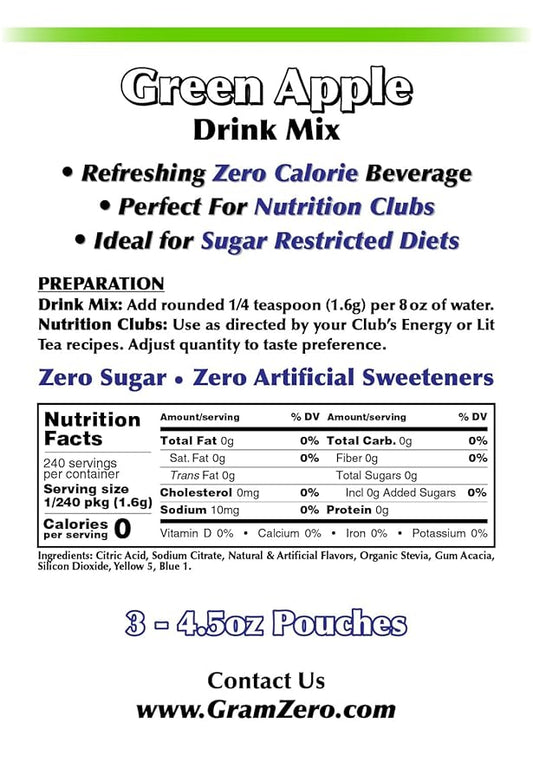 GramZero Green Apple Zero Calorie Sugar Free Drink Mix, Great For Nutrition Club Loaded Tea, Stevia Sweetened