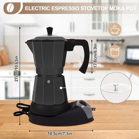 Aluminum Electric Moka Pot 5-6 Cup 270ml Express Coffee Maker Stovetop Espresso Portable Coffeemaker Italian Classic Brewing Greca Cafe Mocha with Removable Base and Overheating Protection Machine