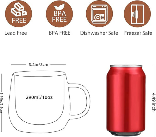 CNGLASS 10oz Double Walled Glass Coffee Mugs(2-pack),Clear Coffee Cups with Handle,Glass Espresso Mugs for Latte,Cappuccino,Tea