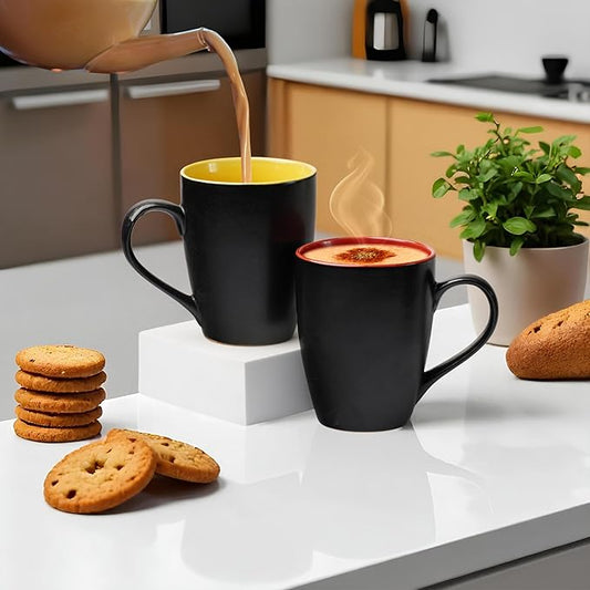Servo Best Black Coffee Mugs 12 oz, Set of 6 Matte Black Outside and Multicolour Inside Ceramic Mugs - Lead & Toxic Free, Dishwasher & Microwave Safe, Perfect for Home & Office Use