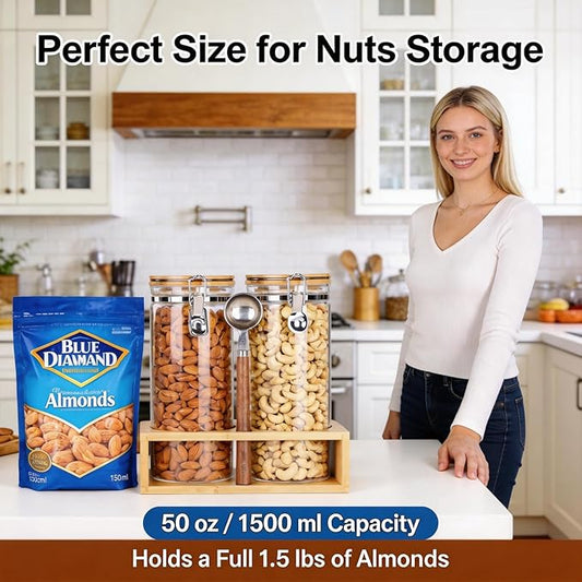 KKC Airtight Glass Nut Storage Jar with Spoon (50 oz / 1.5L) – Large Food Canister with Bamboo Lid for Nuts, Walnuts, Cashews, Almonds – Keeps Snacks Crunchy – Pantry Organization Container