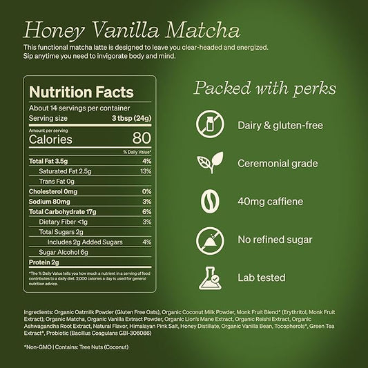 Clevr Organic Honey Vanilla Matcha SuperLatte, Instant Ceremonial Grade, Superfood Powder Blend, Oat Milk, Lions Mane, Reishi Mushroom, Coconut Cream, Ashwagandha, Serve Hot or Iced (14 Lattes)
