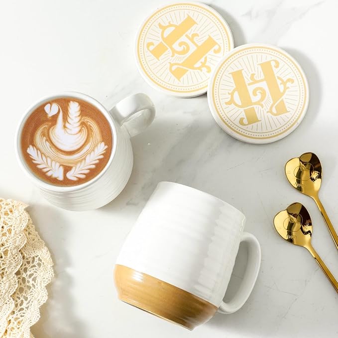 HASENSE Coffee Mugs Gift Set, 20oz Ceramic Mugs Set of 2 with Handle, Glaze Coasters & Spoons in Storage Box,Perfect Valentine‘s Day Gift for Coffee Tea and Cocoa, White