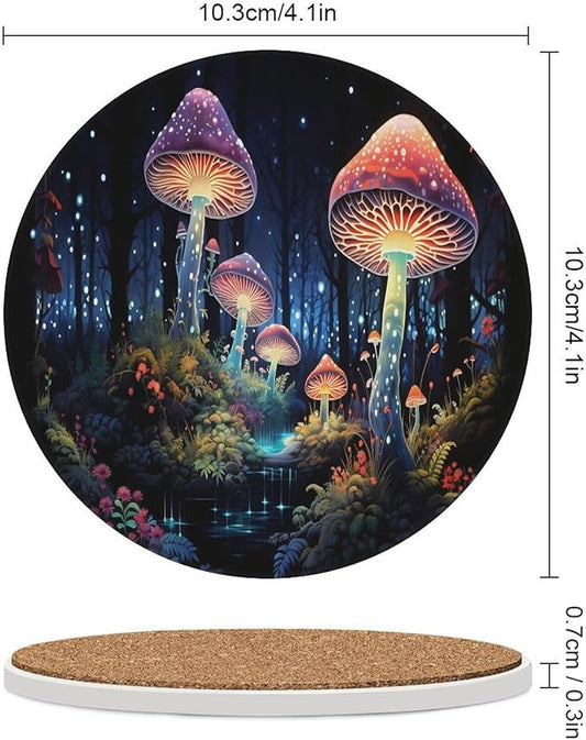 Round-6PCS Botanical Drink Coasters, Round Modern Ceramic Absorbent Coasters, Fantasy Colorful Cartoon Style Abstract Mushroom Print Decor Desk Coffee Table Coaster for Beverage Cup Tea Coasters