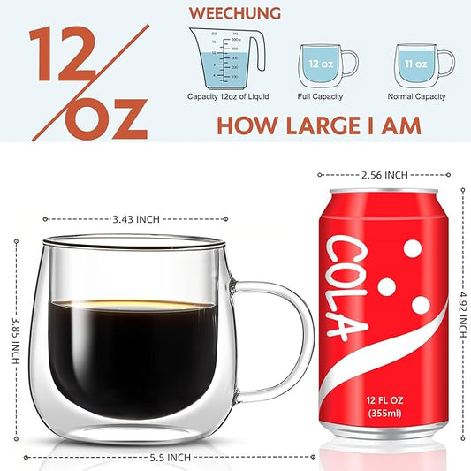 12oz Double Walled Glass Coffee Mugs Set of 4, insulated glass coffee cups, coffee mugs with handle, clear coffee cups for Espresso, Cappuccino, Latte, Americano, Tea,12oz (4 Pack)