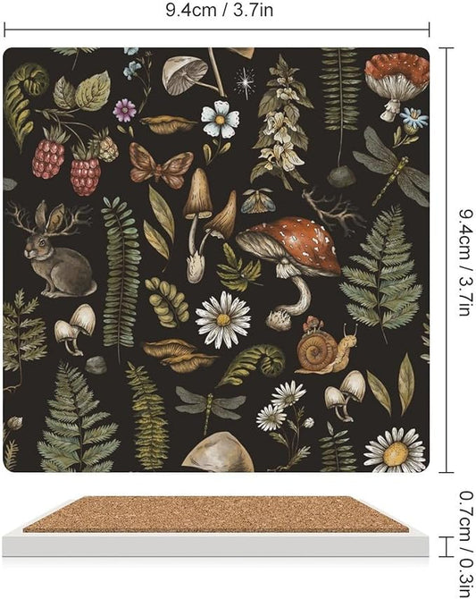 Botanical Drink Coasters, Square Ceramic Drink Coaster Square-4PCS, Vintage Plant Botanical Cartoon Mushroom Flower Decor Absorbent Ceramic Coasters for Beverage Cup, Bar, Coffee Table