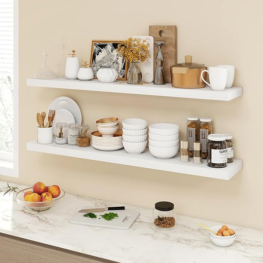 48 Inch Floating Shelves, 9.3" Deep Floating Shelf Wall Mounted, 48" Wall Shelves, Rustic Deep Bookshelf, Large Display Shelves & Storage Shelves for Bedroom, Living Room, White, Set of 1