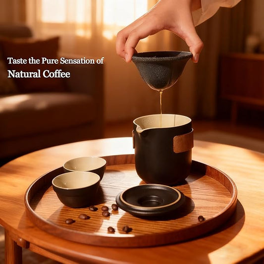 Pour Over Coffee Maker - All-Ceramic Drip Set, Single Serve Coffee Maker with Pour Over Dripper, Reusable Ceramic Filter & Carafe, Portable Travel Drip Kit with Cup + Storage Bag
