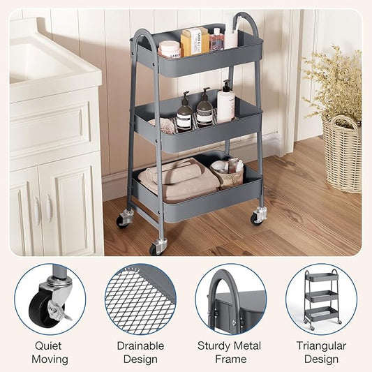 OLIXIS 3 Tier Utility Rolling Cart, Metal Mobile Storage Shelf with Lockable Caster Wheels, Organization for Livingroom, Bathroom & Narrow Places, Gray