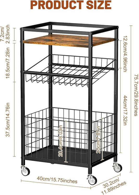 Fruit Vegetable Cart, 3-Tier Snack Kitchen Cart on Wheels & Wood Top, Utility Shelf Rack Organizer for Fruit, Vegetables, Potato, Snack, Brown