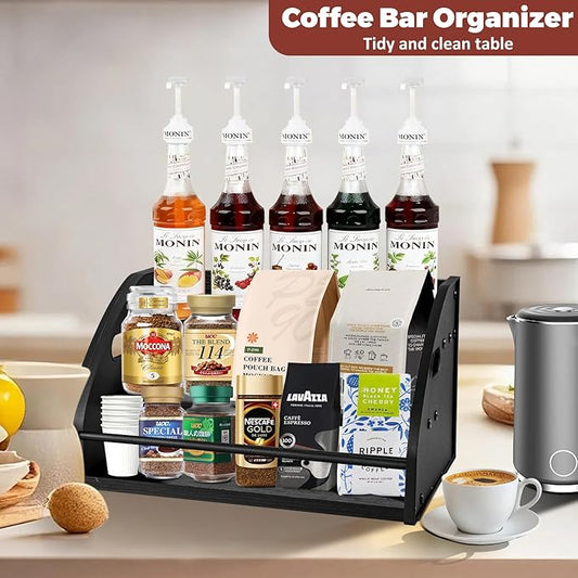 STAEVER Premium Metal Design - Strong Liquor Bottle Display Shelf, 3 Steps Extra Large Rustic Mini Bar, Countertop Coffee Syrup Organizer with Handles, Ideal Gift for Dad & Liquor Enthusiasts