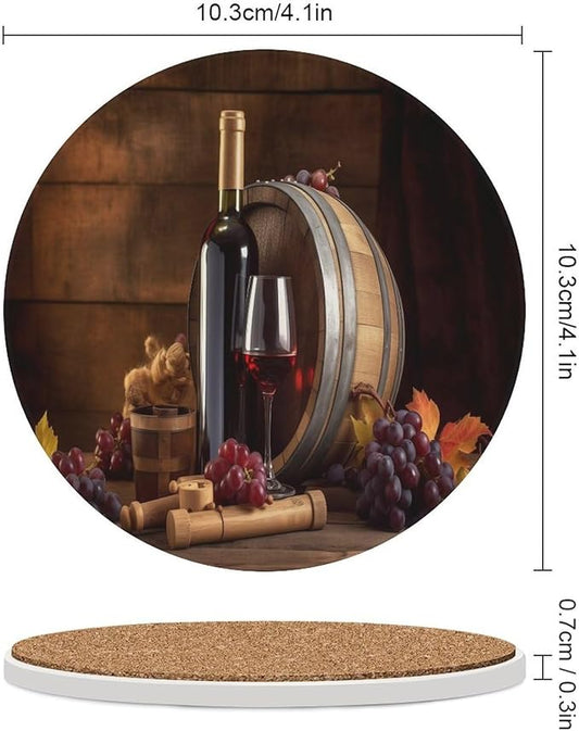 Round-6PCS Red Wine Drink Coasters, Round Modern Ceramic Absorbent Coasters, Vintage Wood Grain Style Red Wine Grapes Maple Leaf Decor Desk Coffee Table Coaster for Beverage Cup Tea Coasters