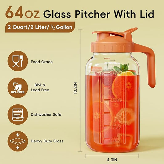 Glass Mason Jar Pitcher, 64 oz Wide Mouth Jug with Pour Spout Handle Lid for Cold Brew Coffee, Ice Beverage, Iced Juice, Lemonade, Sun Tea, Fruit Drinks Container(Orange)