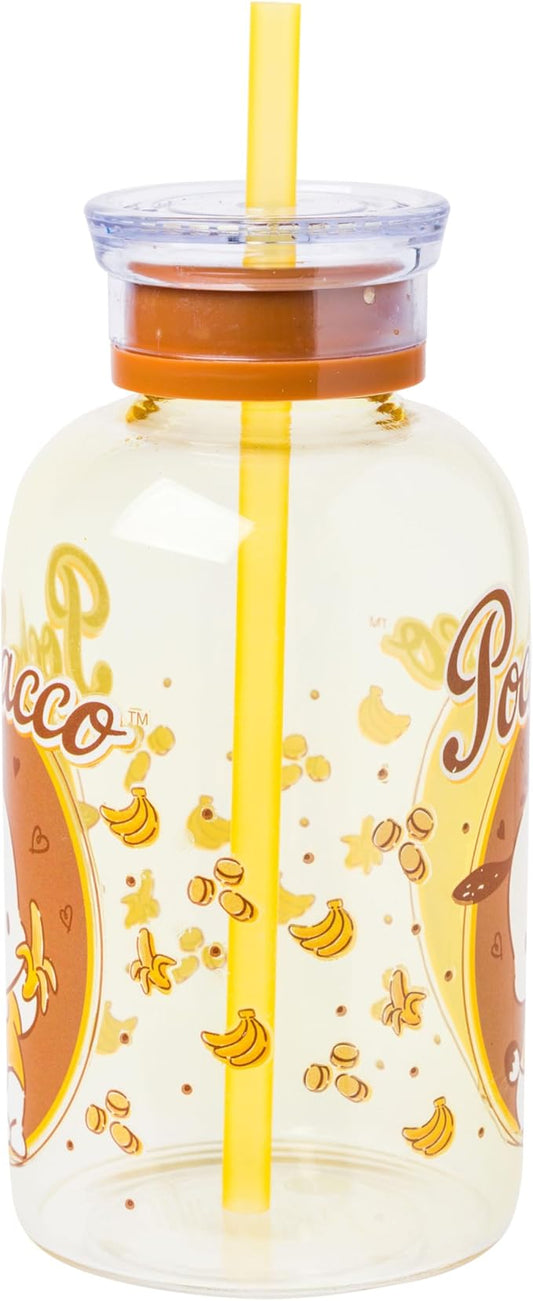 Silver Buffalo Sanrio Hello Kitty and Friends Featuring Pochacco Bananas Glass Milk Bottle with Straw, 15 Ounces