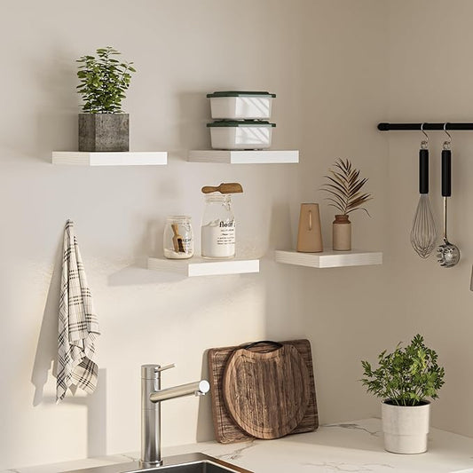 Square Floating Shelves for Wall, 10" W x 10" D x 1.4" H, Small Wooden Wall Mounted Display Shelves with Invisible Brackets for Living Room, Bedroom, Bathroom, Kitchen Decor, Set of 4, White