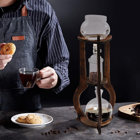 Tower Cold Brew Coffee Maker with Wood Tripod Stand, Adjustable Copper Drip Speed Valve, Ice Coffee Machine for Home, Coffee Shops, Cafes, Offices, Makes 6-8 Cups (Brown)