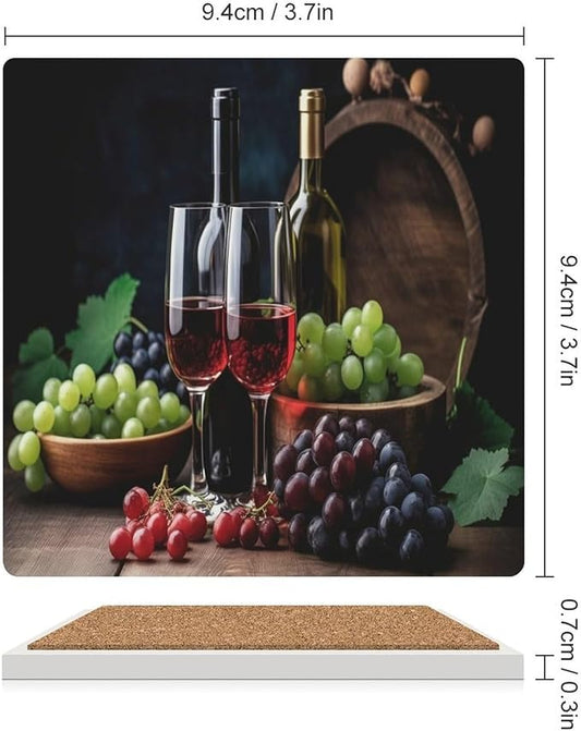 Red Wine Drink Coasters, Square Ceramic Drink Coaster Square-4PCS, Retro Wood Style Red Wine Bottle and Grapes Plant Pattern Decor Absorbent Ceramic Coasters for Beverage Cup, Bar, Coffee Table