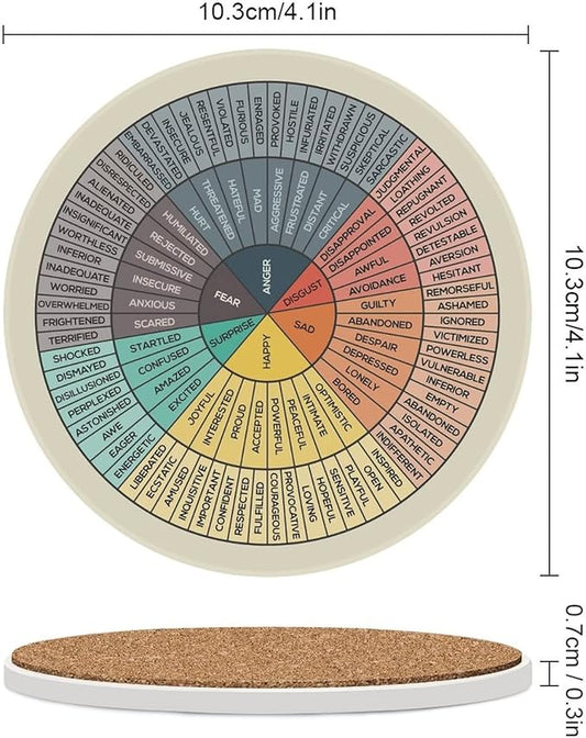 Wheel of Emotions Feelings Chart Coasters for Drinks Set of 4 Absorbent Round Ceramic Coaster Cork Base Cups Place Mat for Coffee Wooden Table Home Therapy Office Decor Counselor Therapist Gifts