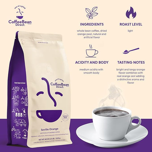 Coffee Bean Direct Seville Orange Flavored, Whole Bean Coffee, Zesty & Vibrant, Light Roast, 2.5 Pound Bag (Pack of 1)