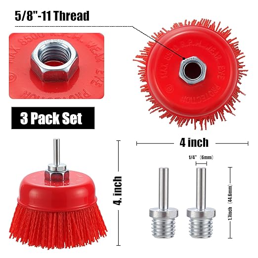 4” Nylon Filament Brush 3 Pack, 4 Inch Abrasive Nylon Bristle Cup Brushes 5/8"-11 Thread for Angle Grinder, with 1/4” Drill Shank Arbor Coarse for Rust Removing, Truck Bed Liner Surface Prep
