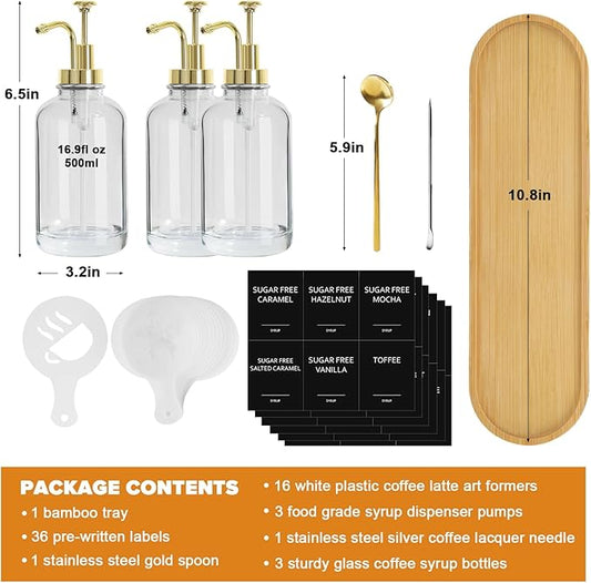 Coffee Syrup Dispenser,Syrup Dispenser for Coffee Bar,Syrup Bottles with Pump,16.9 Fl Oz Glass Honey Bottle for Coffee Bar,3 Pack,Gold