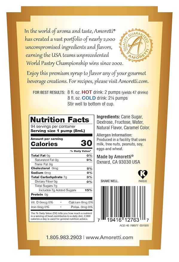 Amoretti - French Vanilla Gourmet Syrup 750 ml, Flavor Coffees, Teas, Cocktails, & other Beverages, and Drizzle on Desserts, Gluten Free, GMO/GEO Free, Preservative Free, 94 Servings Per Bottle