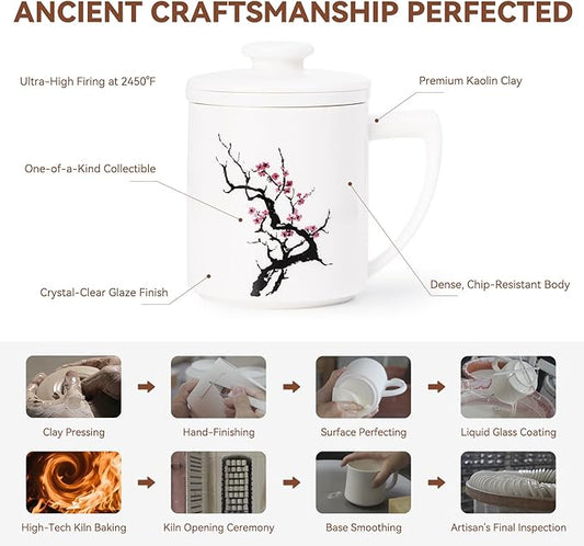 Ceramic Tea Mug with Infuser & Lid - 15oz Loose Leaf Tea Cup with Infuser,Hand-Painted Plum Blossom - Resilience & Elegance,Insulated Ceramic Coffee Mugs with Lid, Gift Set for Women/Men