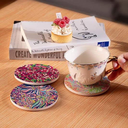KAMMAK Boho Style Coasters Set of 6 with Cork Base,4in Absorbent Ceramics Art Coaster, Drink Coasters Round Ceramic Table Coasters Set for Decorative, Coffee Cup, Beverage, Wine, Beer, Bar
