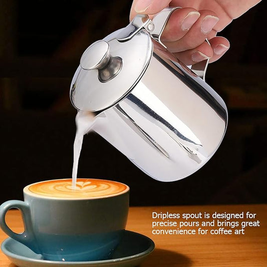 Espresso Steaming Pitcher, Stainless Steel Frothing Pitcher Milk Frothing Pitcher Jug with Lid Latte Coffee Art Tool (350ml)