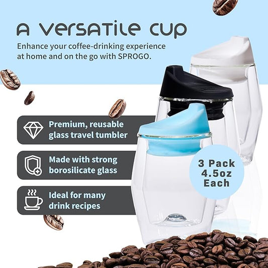To-Go Espresso Glass Travel Mug with Lid, Reusable Double Wall Glass Tumbler, Fits Most Coffee Makers/Cupholders for Your Car, Gifts for Coffee Lovers 3-Pack Black, White & Blue Cortado Cups