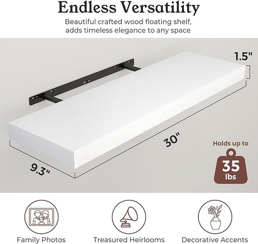 Floating Shelves for Wall, 9.3" Deep Wall Mounted Wood Shelves for Bathroom, Bedroom, Living Room, Kitchen, Hanging Shelf for Books/Storage/Room Decor (White 30")