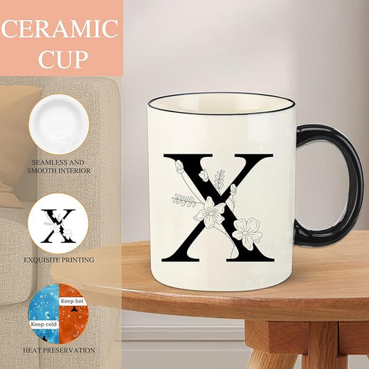 Monogram Ceramic Coffee Mugs, 11 oz Initial Drinking Cup with Gift Box, Unique Birthday Valentines Day Gifts for Women Wife Mothers Day Grandma Mom Aunt, X
