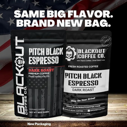 Blackout Coffee Pitch Black Espresso Whole Bean Coffee – Extra Dark Roast, European-Style, Powerfully Bold – Freshly Roasted 12oz Bag.