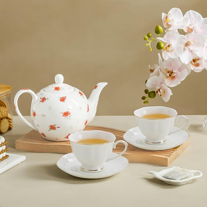 30oz FLoral Porcelain Teapot (4 Cups) - Elegant Ceramic Tea Pot with Vibrant Roses, Ideal for Loose Leaf & Bagged Tea, Dishwasher Safe