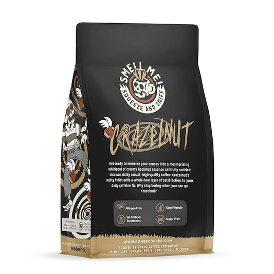 Bones Coffee Company Crazelnut, Hazelnut Flavored Coffee, Medium Roast Low Acid Arabica Beans Compatible with Auto drip and French Press Coffee Maker, 12 Oz Ground