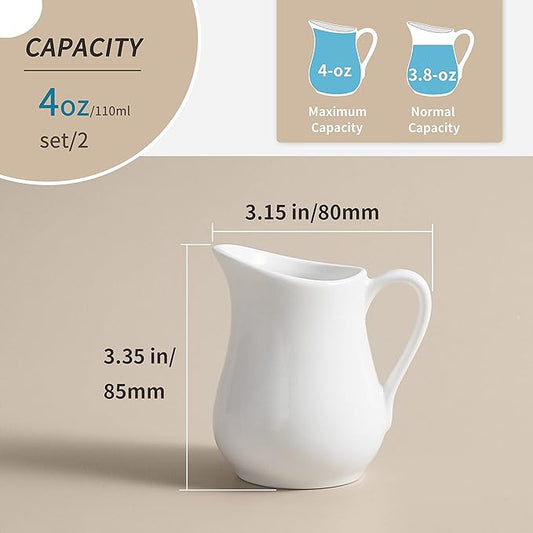 Gurygo 2 Pack 4 Oz Classic White Ceramic Small Creamer Pitcher with Handle- Fine Porcelain Small Milk Pitcher - Ceramic Creamer Container for Coffee Milk Sauces Salad, Microwave & Freezer Safe