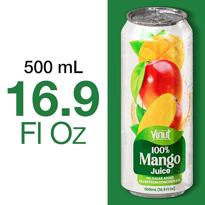 VINUT 100% Mango Juice, No Sugar Added, Never From Concentrate, 16.9 fl oz (500 mL) Can, Pack of 12