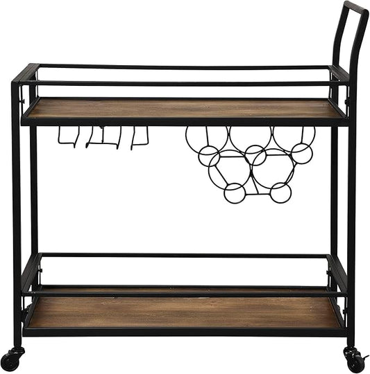FirsTime & Co. Black and Brown Gardner Bar Cart, 2 Tier Mobile Mini Bar, Kitchen Serving Cart and Coffee Station with Storage for Wine and Glasses, Metal and Wood, Modern
