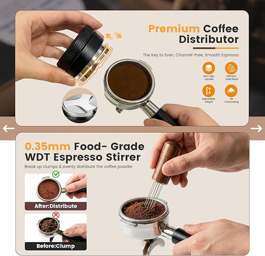28-Piece 51mm Espresso Accessories Kit, Espresso Machine Tools with Wood Tamping Station, Tamper, Distributor, WDT Tool, Dosing Funnel, Milk Frothing Pitcher & Latte Art Set