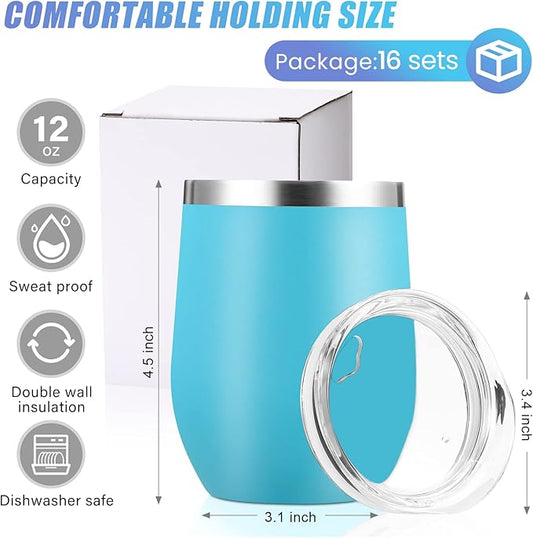 16 Pack Stainless Steel Wine Tumblers 12 oz Insulated Vacuum Wine Cup Set Double Wall Stainless Steel Stemless Mug Glasses for Coffee Soda Whiskey Outdoor Travel (Light Blue)