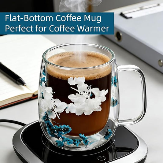 Dried Flowers Double Wall Insulated Coffee Mug, Borosilicate Glass Tea Cup with Real Flower Embedded, Heat Resistant Handle for Valentine's Day Birthday Gifts (blue,13.19oz)