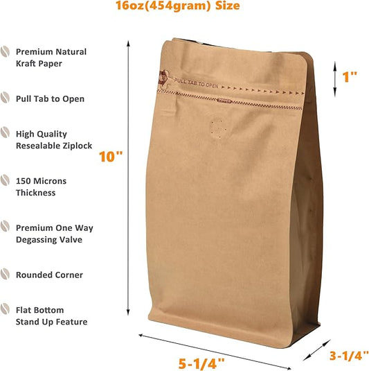 Resealable Side Zipper Coffee Bags with Degassing Valve, High Barrier Natural Kraft Coffee Pouches with Aluminum Foil Liner, Ziplock Food Storage Bags, Longer Shelf Life (50, 16oz/1lb)