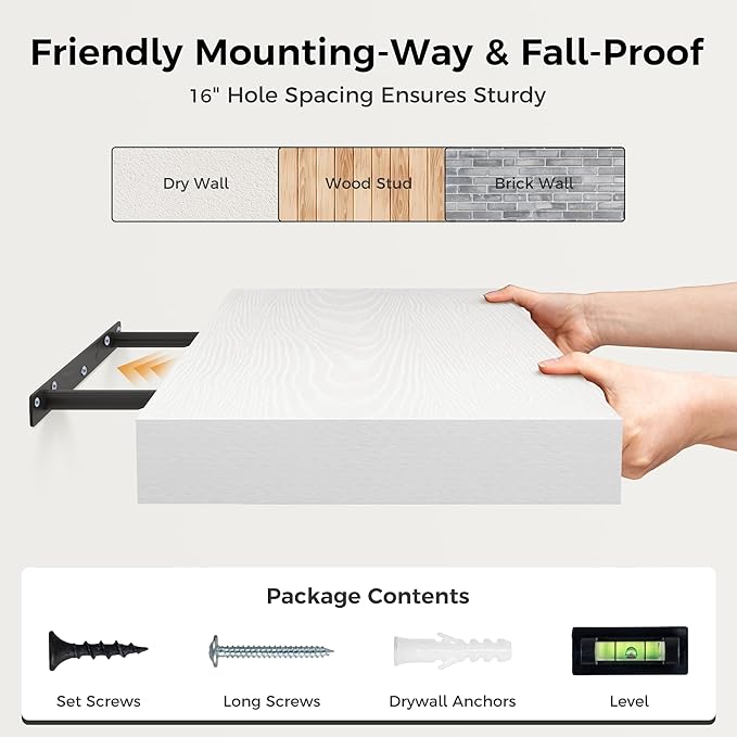 White Floating Shelves 36 Inch Long, 12 Inch Deep Floating Shelves for Wall, 36 x 12 Shelves for Wall Storage & Display, 2" Thick Floating Shelf for Bathroom, Living Room, Bedroom, Set of 2