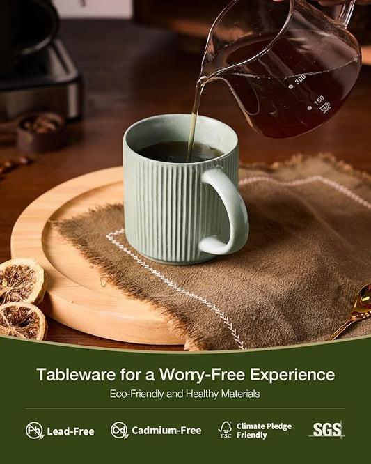 famiware Coffee Mug Set for 8, Star 12 oz Catering Mugs Cup Set with Handle for Coffee, Tea, Cocoa, Milk - Ceramic Stoneware Drinkware Set, Matte Green
