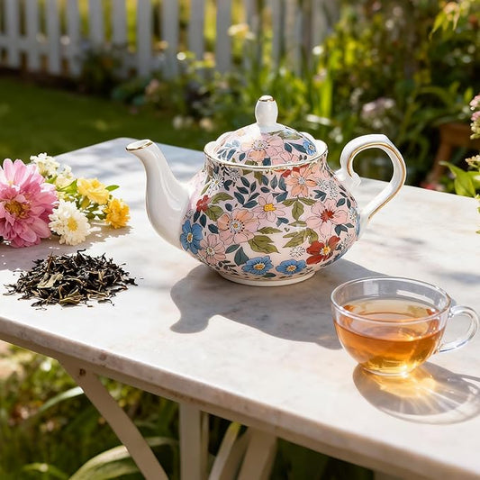 33.8 oz Porcelain Tea Pot Luxury Gold Trim Floral Ceramic Teapot Waterpot Tea Maker for Blooming Loose Leaf Tea Coffee Milk Chrismas Women Gift Housewarming Home Kitchen Décor (Vintage Pink)