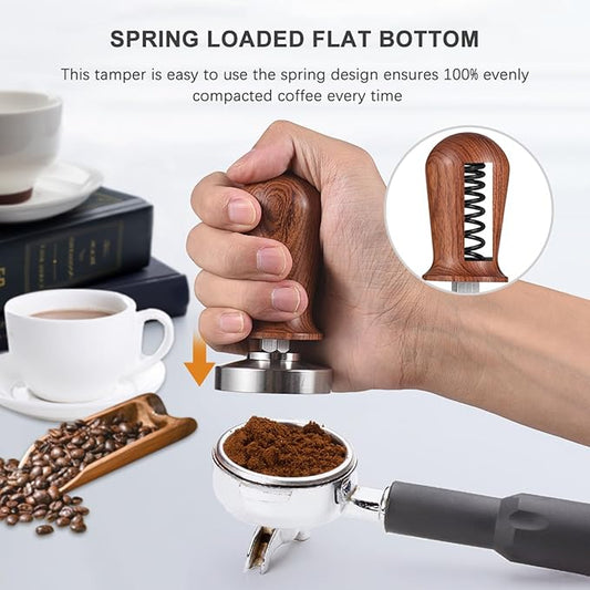 51mm Espresso Tamper & Stirrer Set Coffee Calibrated Tamper with Excellent Quality Spring Loaded Flat 304 Stainless Steel Base Barista Wooden Handle Press and WDT Tool for Espresso Machine Accessories
