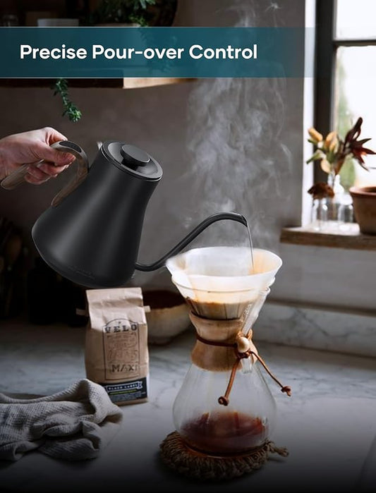 Gooseneck Electric Kettle with ±1℉ Temperature Control for Pour Over Coffee & Tea, Quick Heating, BPA-Free Stainless Steel, Built-in Brew Timer, 1500W/0.9L (Black Walnut)