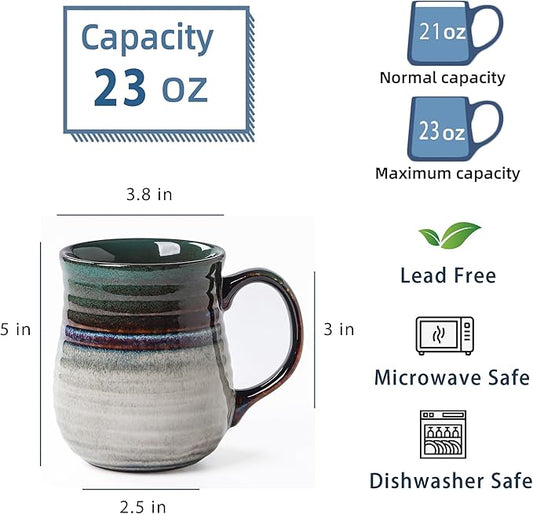 23 oz Large Ceramic Coffee Mugs, Handmade Cup with Large Handle, Big Tea and Coffee Cups for Office and Home, Microwave and Dishwasher Safe (Ink Green)